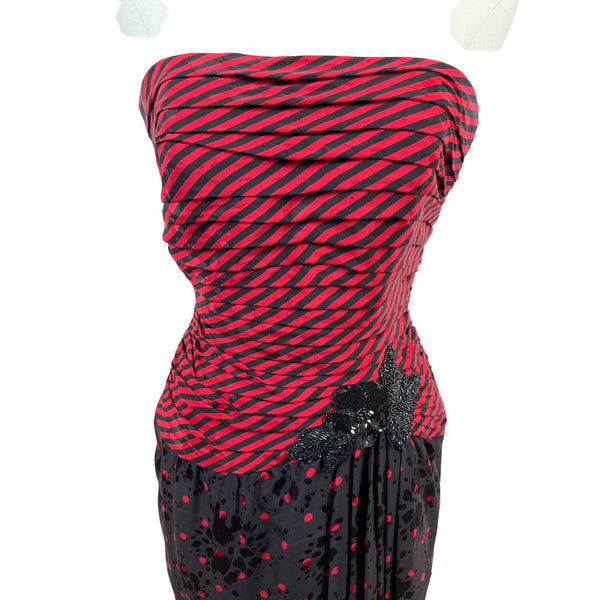 Vintage A.J. Bari Strapless Red & Black Striped Polka Dot Dress Szize 4