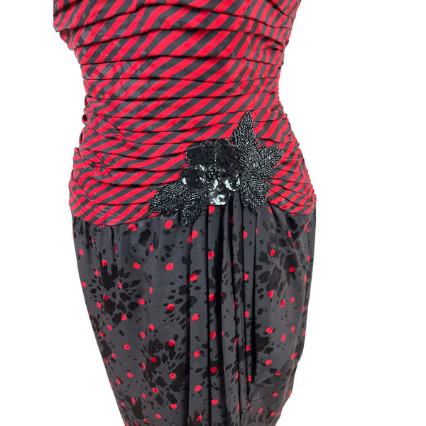 Vintage A.J. Bari Strapless Red & Black Striped Polka Dot Dress Szize 4