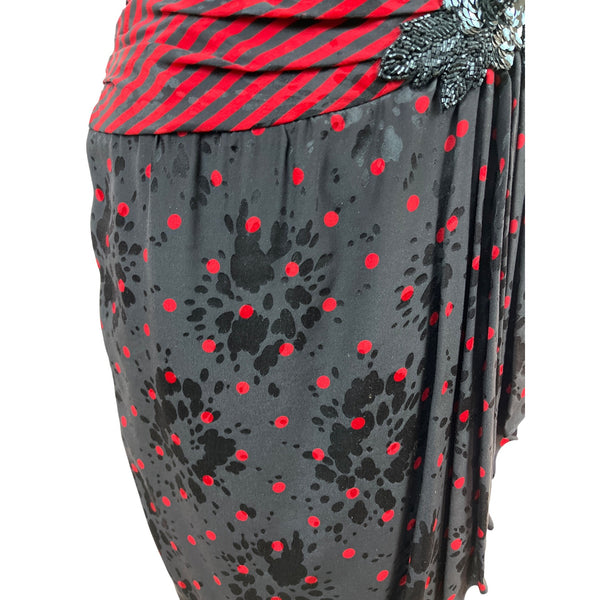 Vintage A.J. Bari Strapless Red & Black Striped Polka Dot Dress Szize 4