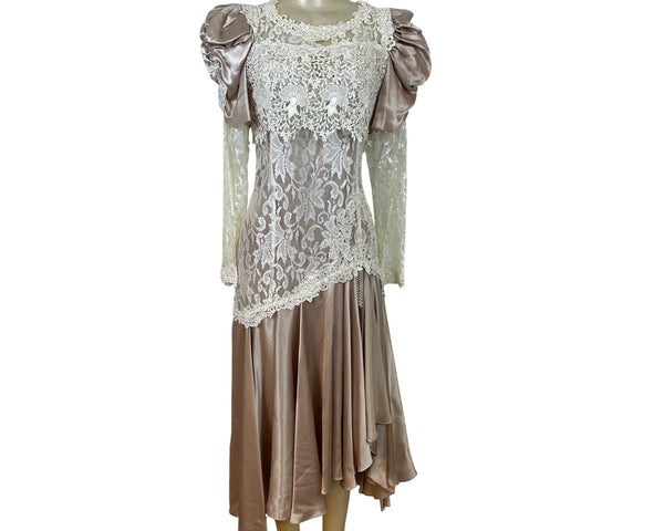 Vintage Cachet Women’s Beige & Ivory Lace Satin Puff Sleeve Midi Dress