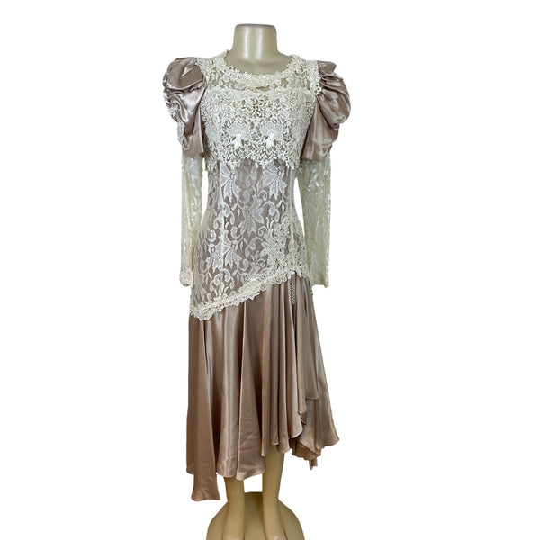 Vintage Cachet Women’s Beige & Ivory Lace Satin Puff Sleeve Midi Dress