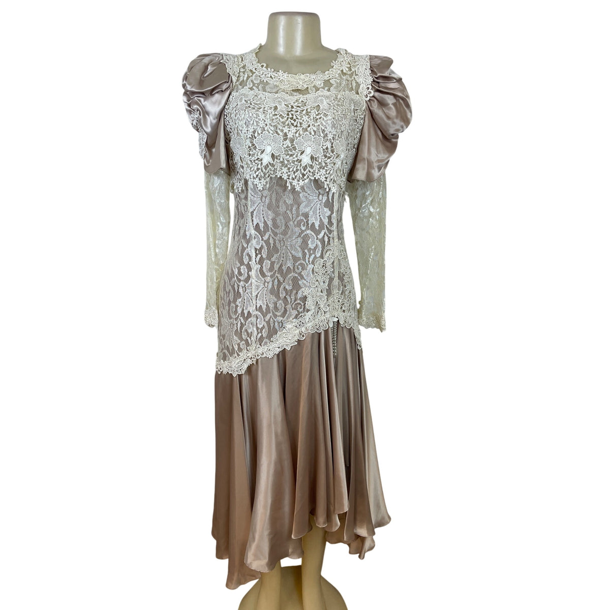 Vintage Cachet Women’s Beige & Ivory Lace Satin Puff Sleeve Midi Dress