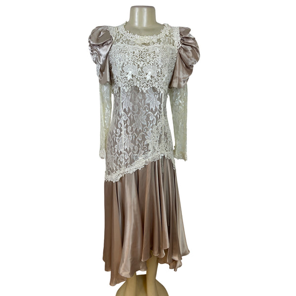 Vintage Cachet Women’s Beige & Ivory Lace Satin Puff Sleeve Midi Dress