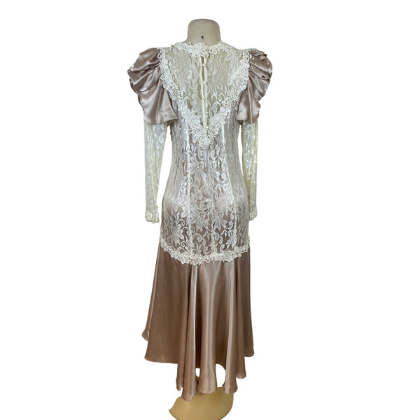 Vintage Cachet Women’s Beige & Ivory Lace Satin Puff Sleeve Midi Dress