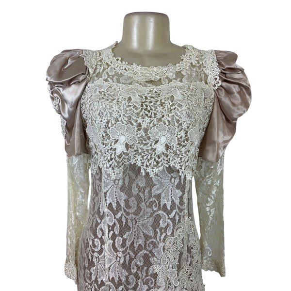Vintage Cachet Women’s Beige & Ivory Lace Satin Puff Sleeve Midi Dress
