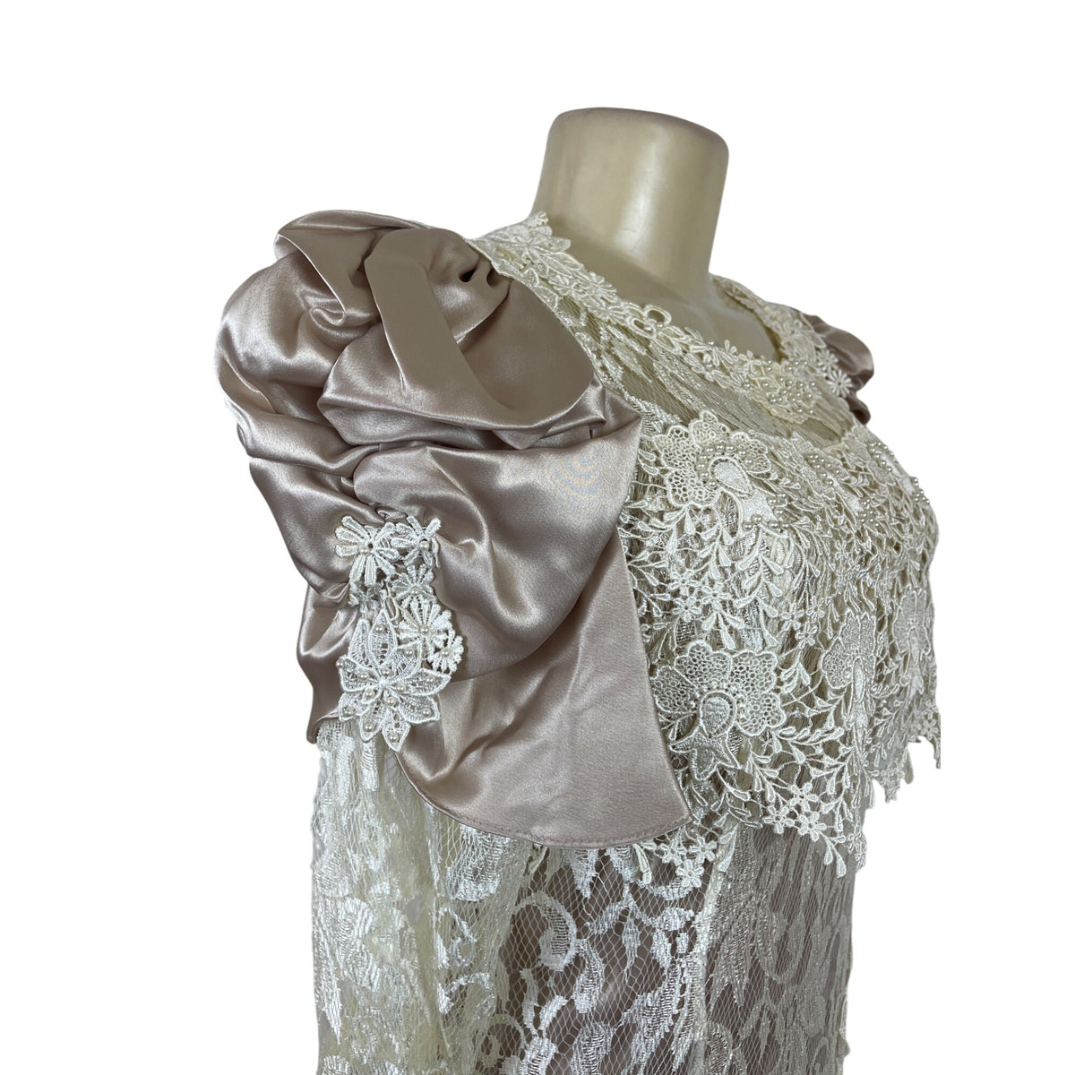 Vintage Cachet Women’s Beige & Ivory Lace Satin Puff Sleeve Midi Dress