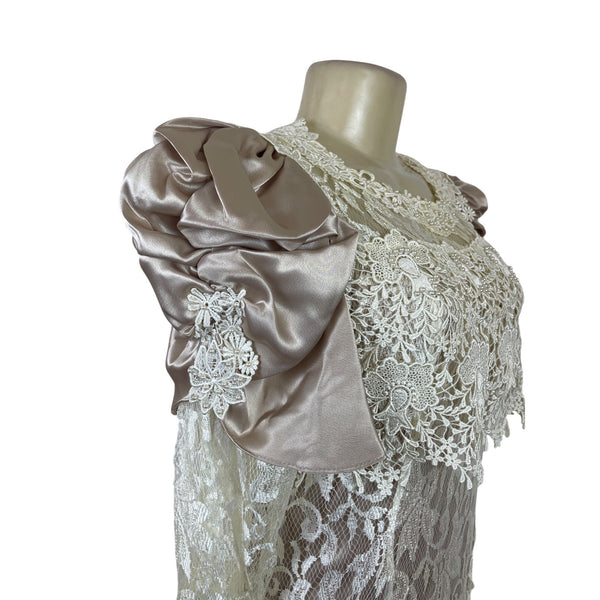 Vintage Cachet Women’s Beige & Ivory Lace Satin Puff Sleeve Midi Dress