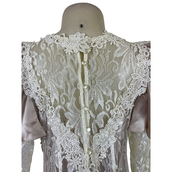 Vintage Cachet Women’s Beige & Ivory Lace Satin Puff Sleeve Midi Dress