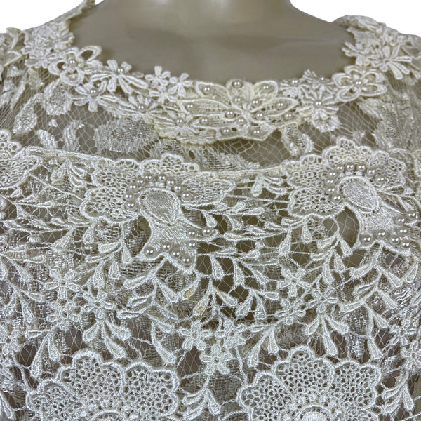 Vintage Cachet Women’s Beige & Ivory Lace Satin Puff Sleeve Midi Dress
