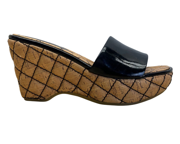Nine West Black Synthetic Egotrip Cork Wedge Slip-On Sandals Size 6.5M