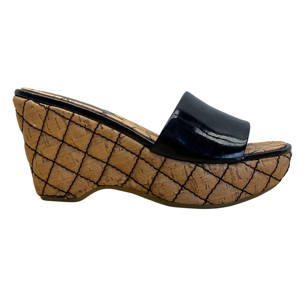 Nine West Black Synthetic Egotrip Cork Wedge Slip-On Sandals Size 6.5M