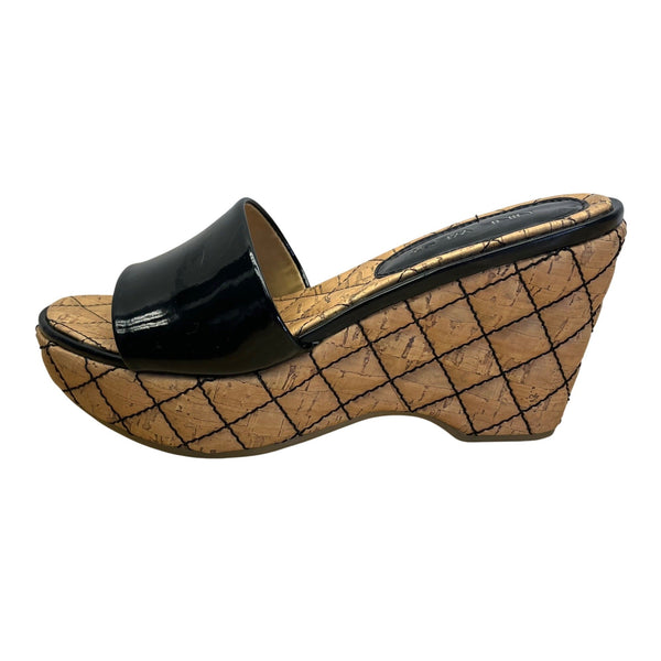 Nine West Black Synthetic Egotrip Cork Wedge Slip-On Sandals Size 6.5M