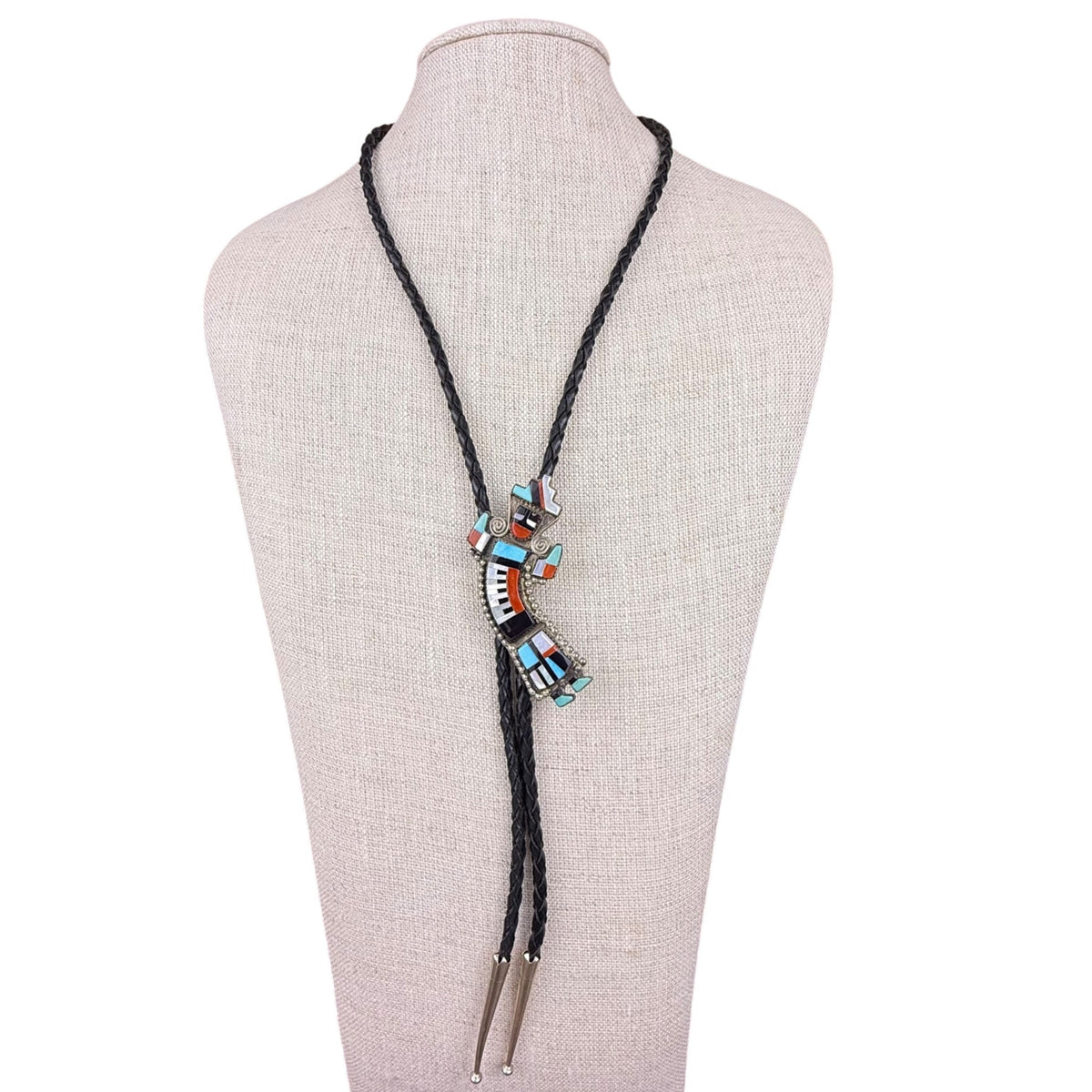 Zuni Multicolor Inlay Silver Tone Bolo Tie Turquoise Coral Handmade Necklace