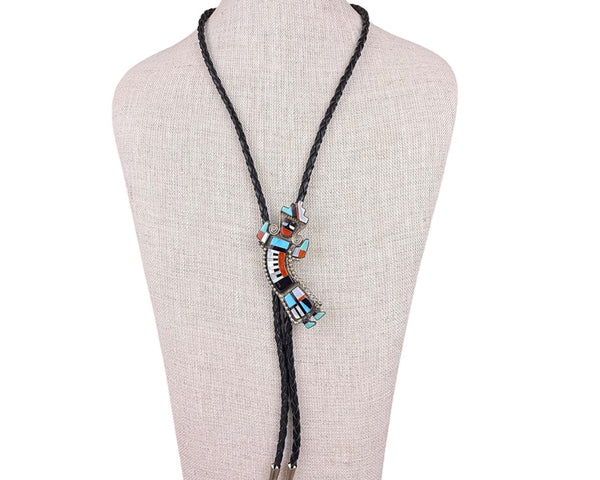 Zuni Multicolor Inlay Silver Tone Bolo Tie Turquoise Coral Handmade Necklace