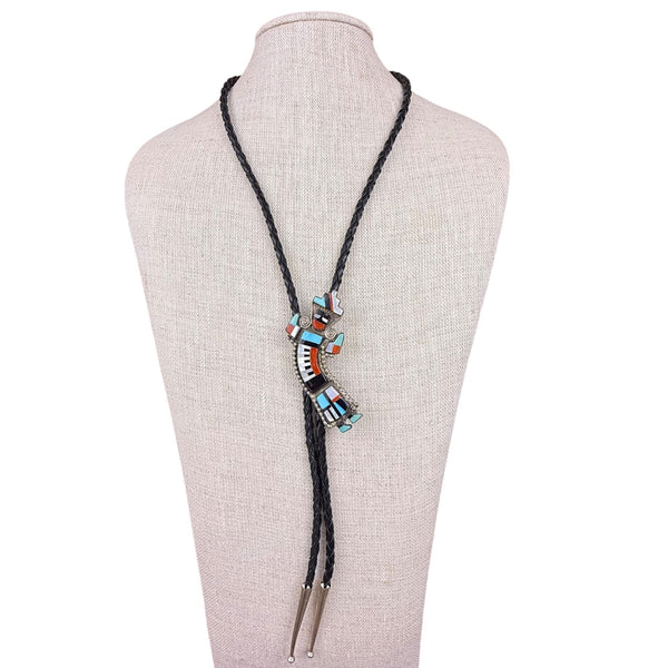 Zuni Multicolor Inlay Silver Tone Bolo Tie Turquoise Coral Handmade Necklace