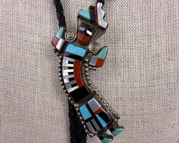 Zuni Multicolor Inlay Silver Tone Bolo Tie Turquoise Coral Handmade Necklace
