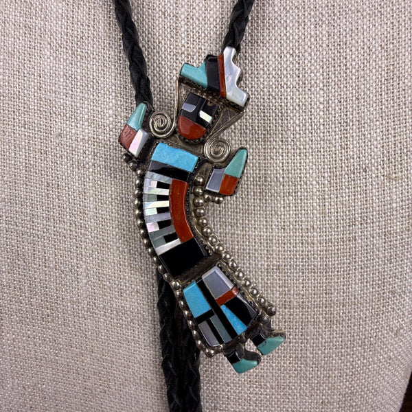Zuni Multicolor Inlay Silver Tone Bolo Tie Turquoise Coral Handmade Necklace