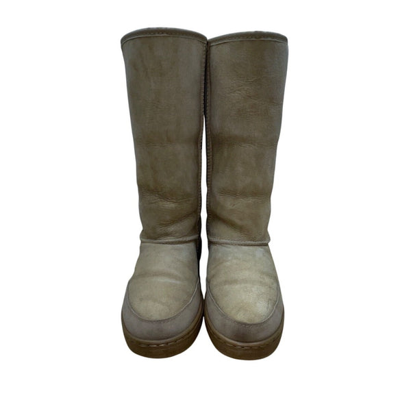 Vintage Ugg Unisex Sand Sheepskin Beige Fur Lining Tall Winter Boots Size 9W 8M