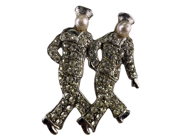 Vintage Rhinestone Silver Tone Brooch Two Dancing Sailors Pearl Accents Fun Design