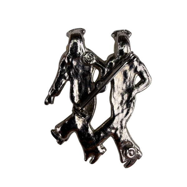 Vintage Rhinestone Silver Tone Brooch Two Dancing Sailors Pearl Accents Fun Design