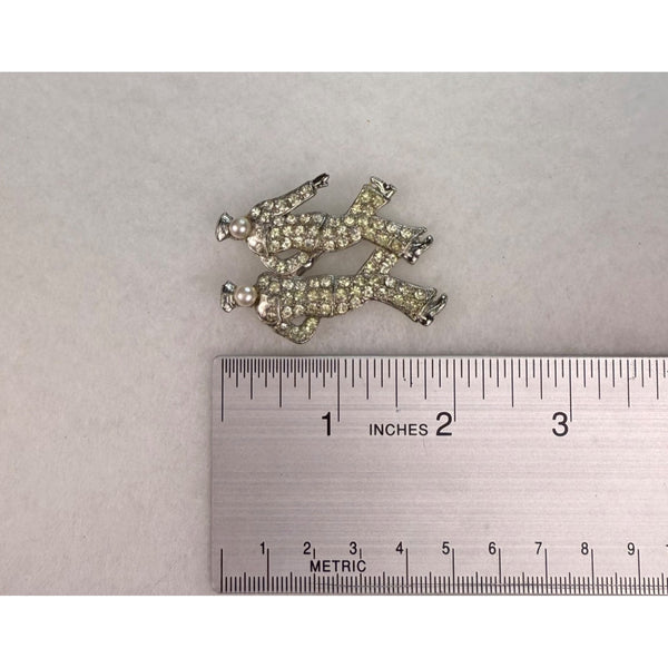 Vintage Rhinestone Silver Tone Brooch Two Dancing Sailors Pearl Accents Fun Design