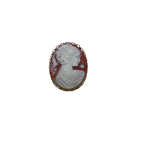 Vintage Oval Cameo Brooch Pin With White Lady Profile On Red Background & Gold-Tone Frame