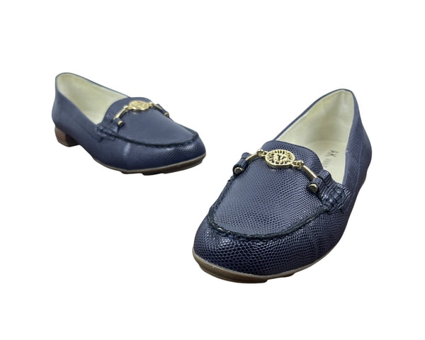 Anne Klein Women's Blue Lizard Embossed Gold Detail Akhosra I Flex Flats Sz 9