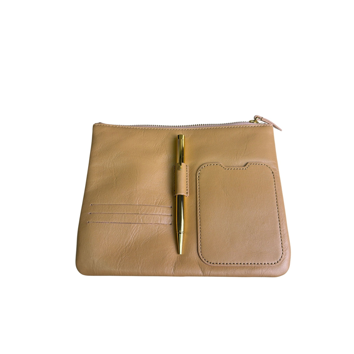 100% Cow Leather Womens Tan Multifunctional Pouch With Card Slots & Pen Loop 10"x7"