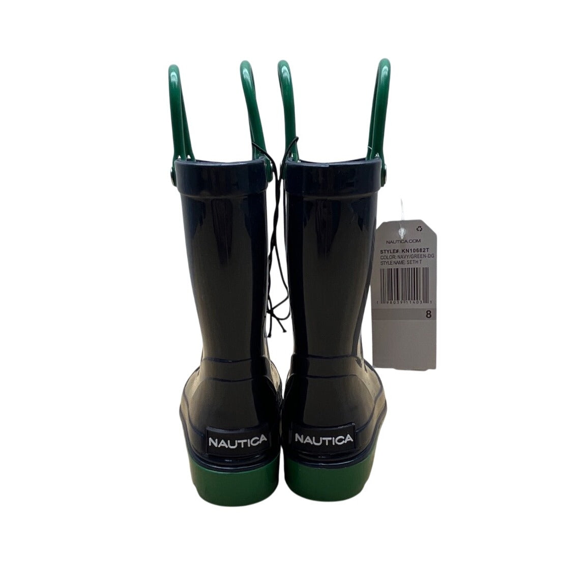 Nautica Seth T Kids Navy & Green Easy Pull Handles Waterproof Rain Boots Size 8