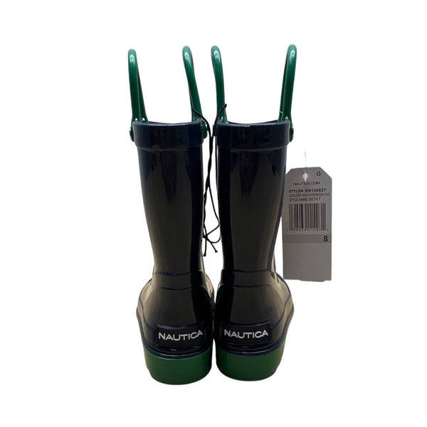 Nautica Seth T Kids Navy & Green Easy Pull Handles Waterproof Rain Boots Size 8