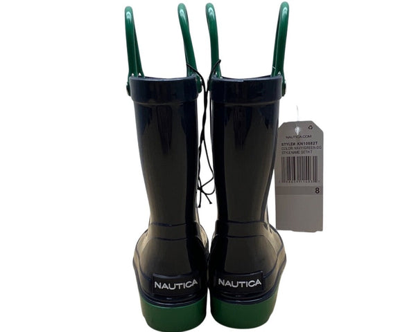 Nautica Seth T Kids Navy & Green Easy Pull Handles Waterproof Rain Boots Size 8