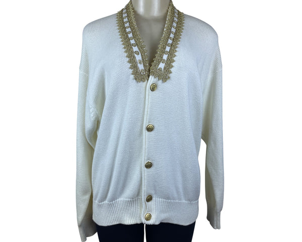 Vintage Fashioned By Pamela Hoke Gold & White Womens Knitted Cardigan