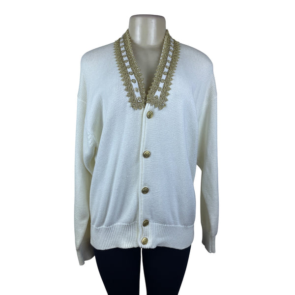 Vintage Fashioned By Pamela Hoke Gold & White Womens Knitted Cardigan