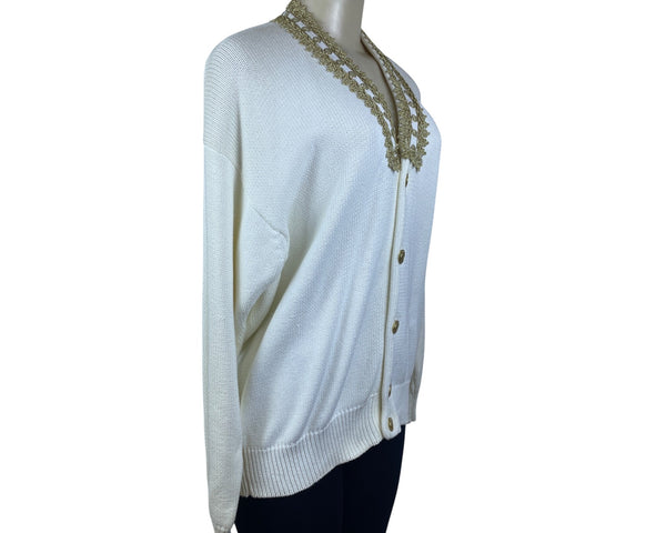 Vintage Fashioned By Pamela Hoke Gold & White Womens Knitted Cardigan