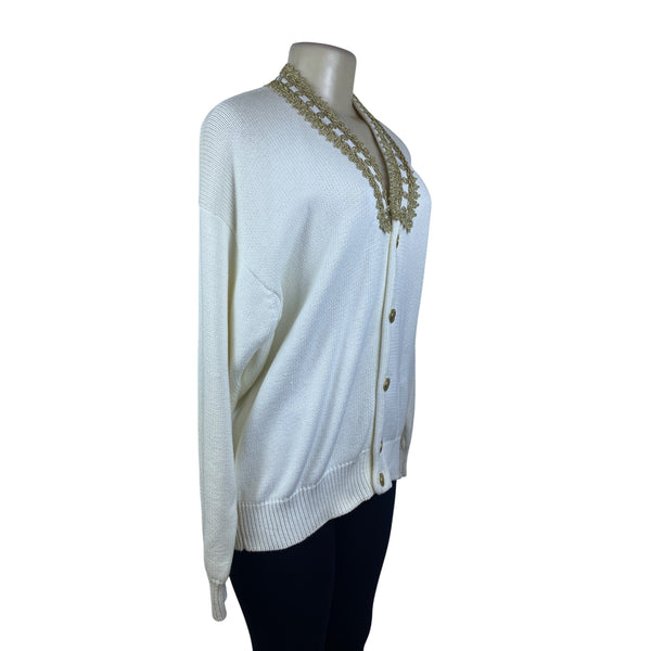 Vintage Fashioned By Pamela Hoke Gold & White Womens Knitted Cardigan