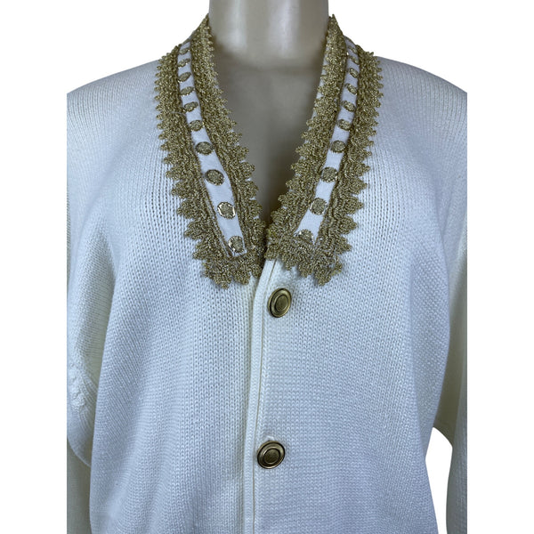 Vintage Fashioned By Pamela Hoke Gold & White Womens Knitted Cardigan