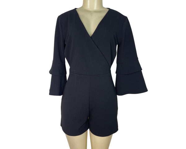 Miami Women’s Black Long Sleeve Ruffle Bell Sleeve Romper V-Neck Size M - New