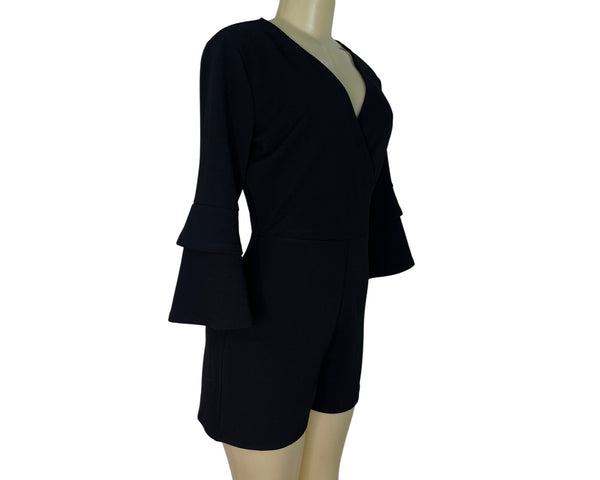 Miami Women’s Black Long Sleeve Ruffle Bell Sleeve Romper V-Neck Size M - New