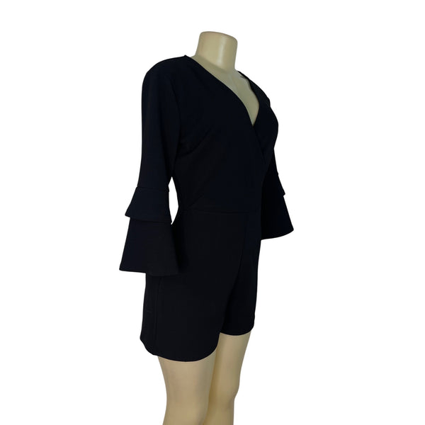 Miami Women’s Black Long Sleeve Ruffle Bell Sleeve Romper V-Neck Size M - New