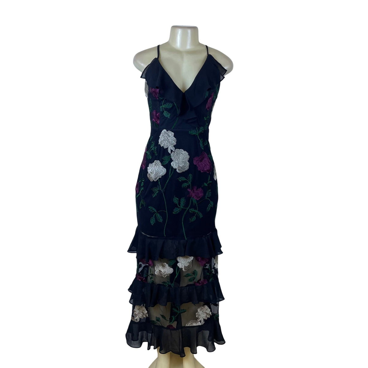 Lulus Womens Black Polyester/Nylon Floral Embroidered Ruffled Maxi Dress Size M