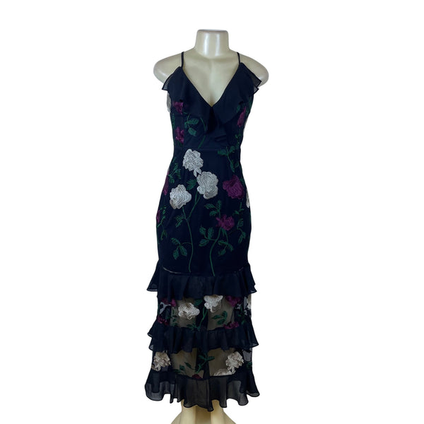 Lulus Womens Black Polyester/Nylon Floral Embroidered Ruffled Maxi Dress Size M