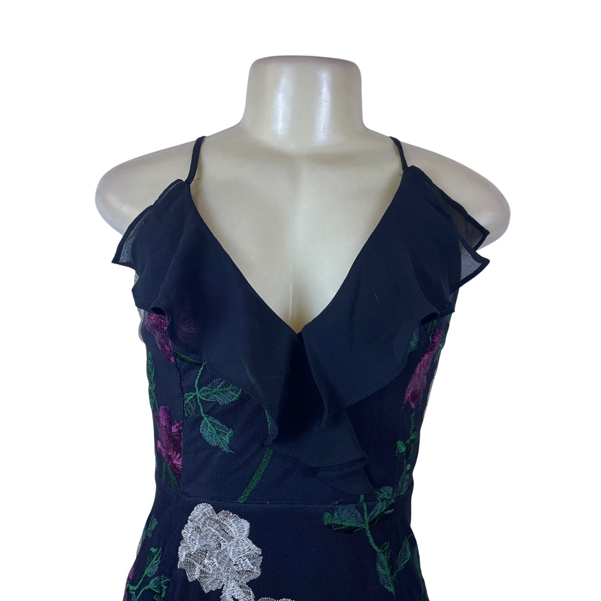 Lulus Womens Black Polyester/Nylon Floral Embroidered Ruffled Maxi Dress Size M