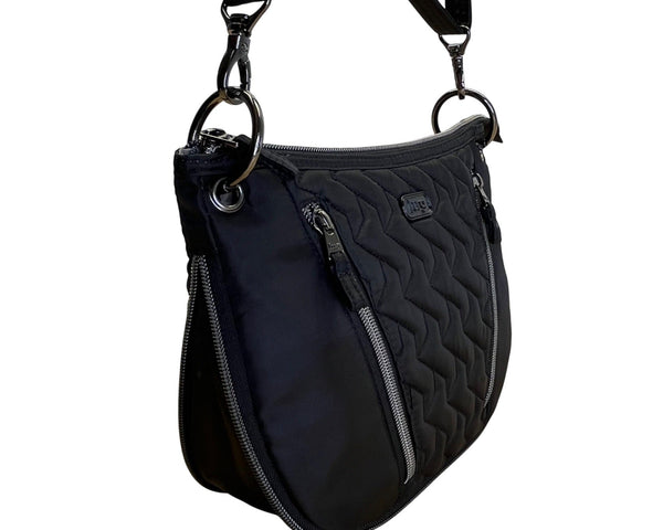 Lug Quilted Black Nylon Adjustable Strap & Zipper Pockets Swivel Crossbody Bag
