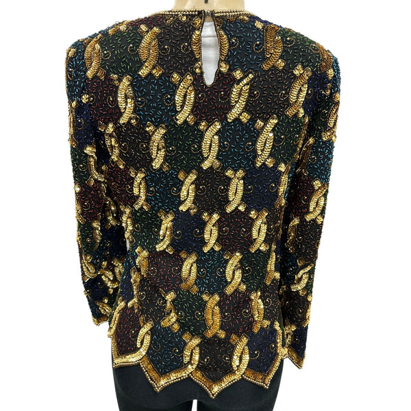 Vtg Laurence Kayan Women’s Black and Gold Beads Sequines Long Sleeve Shirt Sz S New
