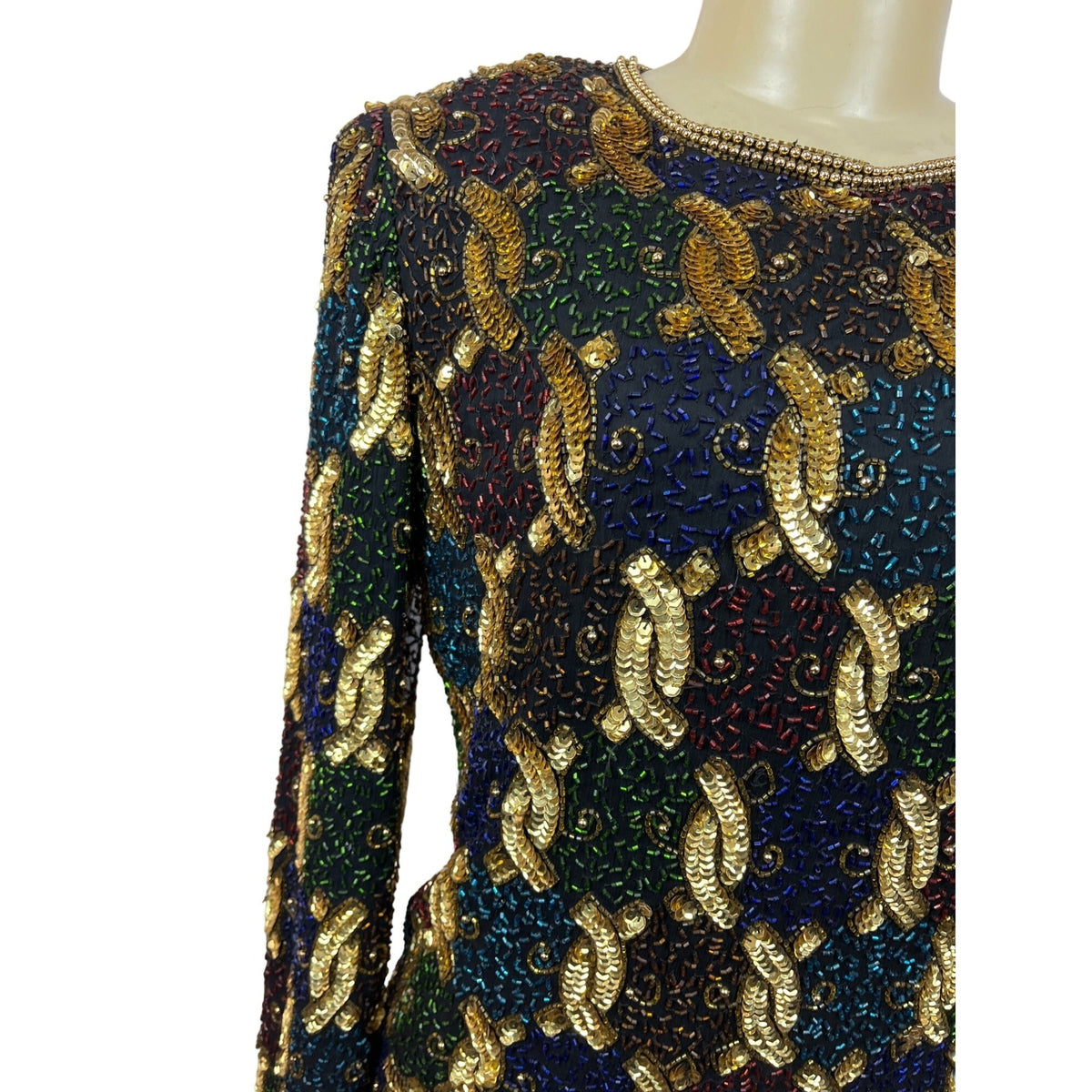 Vtg Laurence Kayan Women’s Black and Gold Beads Sequines Long Sleeve Shirt Sz S New