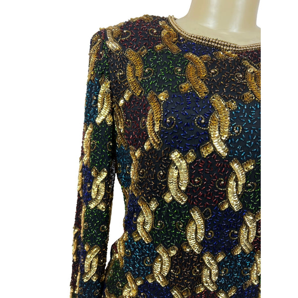Vtg Laurence Kayan Women’s Black and Gold Beads Sequines Long Sleeve Shirt Sz S New