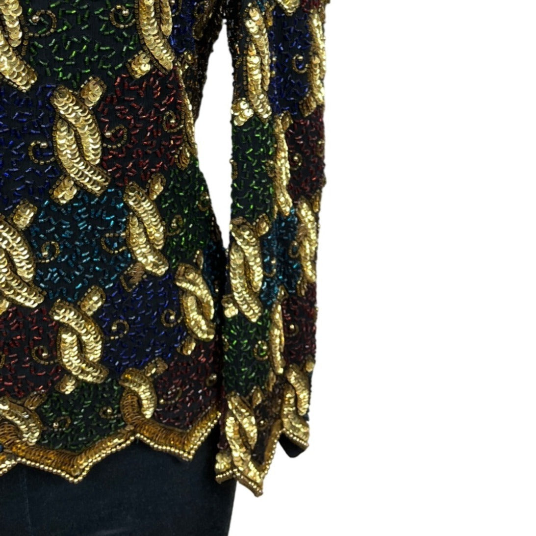 Vtg Laurence Kayan Women’s Black and Gold Beads Sequines Long Sleeve Shirt Sz S New