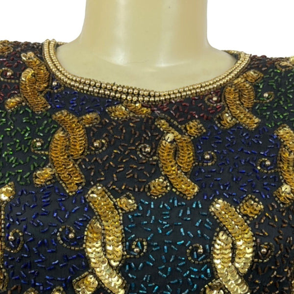 Vtg Laurence Kayan Women’s Black and Gold Beads Sequines Long Sleeve Shirt Sz S New