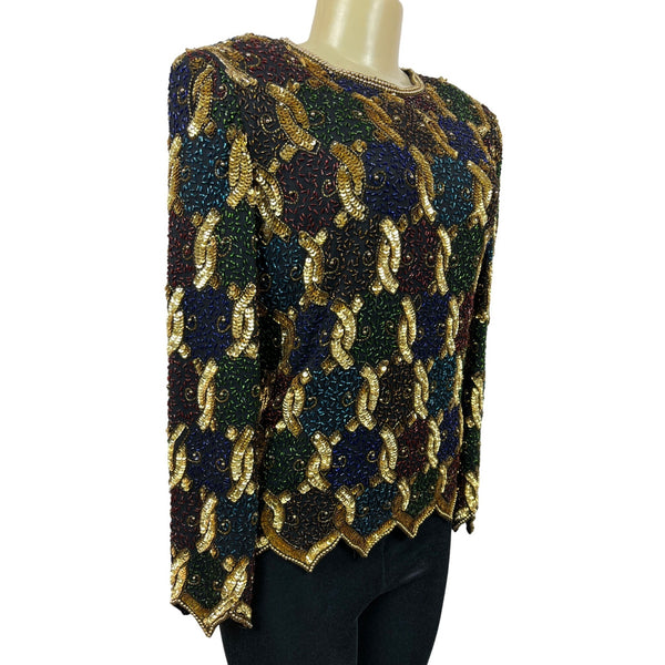 Vtg Laurence Kayan Women’s Black and Gold Beads Sequines Long Sleeve Shirt Sz S New