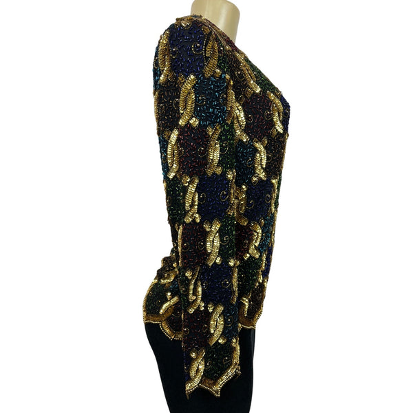 Vtg Laurence Kayan Women’s Black and Gold Beads Sequines Long Sleeve Shirt Sz S New
